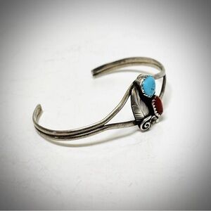 Vintage Sterling Silver Navajo Turquoise and Coral Southwestern Bracelet